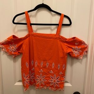 Sloan Rouge Vibrant orange peel a boo shoulder top (S)